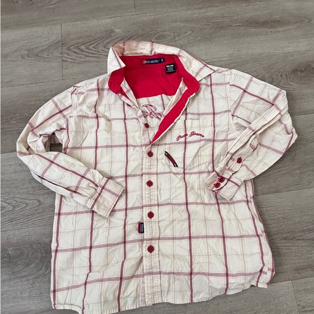 Paco Jeans Mens Small Plaid Button Down Shirt Red Cream Embroidered Logo Y2K